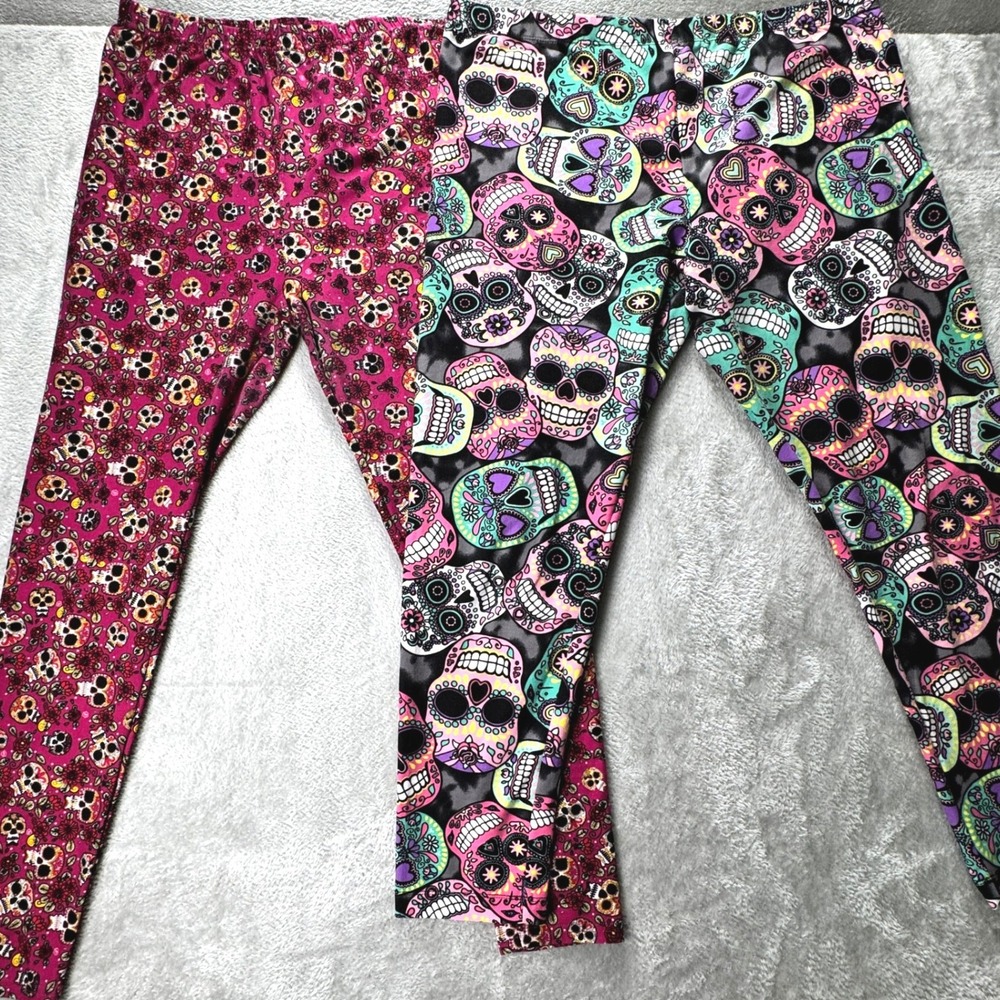 Sugar Skull Lot of 2 Leggings XL Womens Day of the Dead Pink Grey Calavera Print - Picture 6 of 6